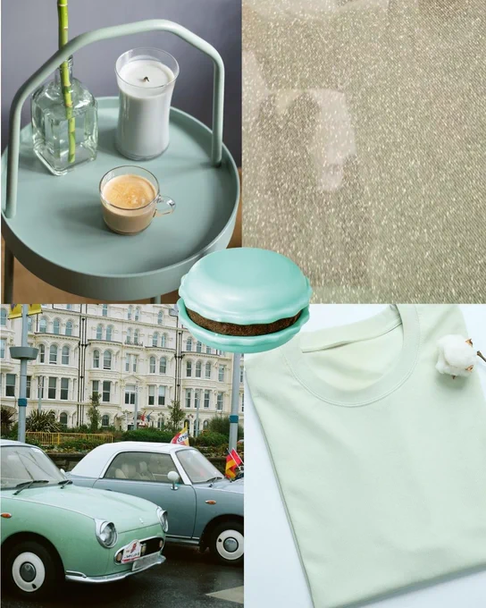A collage showing a mint green aesthetic, featuring a Clover Sweet 'n' Sharp Macaron needle holder and sharpener on a light teal serving tray, a sparkly fabric, a folded mint green t-shirt with a cotton boll, and two retro cars in front of a white building.