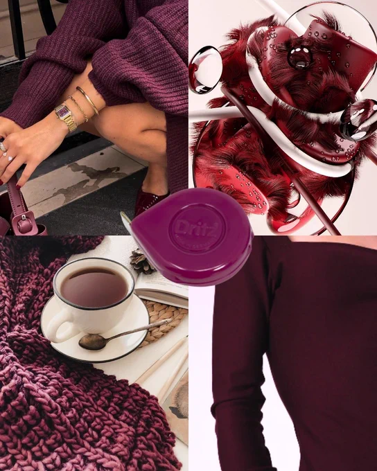 A rich berry-toned collage centered around a Dritz Retractable Tape Measure in a deep purple color. Other elements include a person wearing a maroon sweater, a mug of tea next to a book, and a chunky knit scarf.