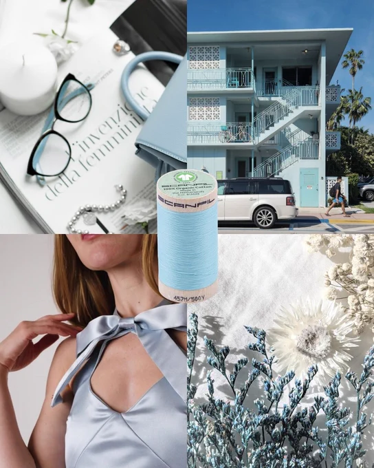 A light blue and white collage featuring a spool of SCANFIL 100% Organic Cotton Thread in light blue. Other elements include a light blue modern apartment building, a satin top with a bow detail, and dried white and blue flowers.