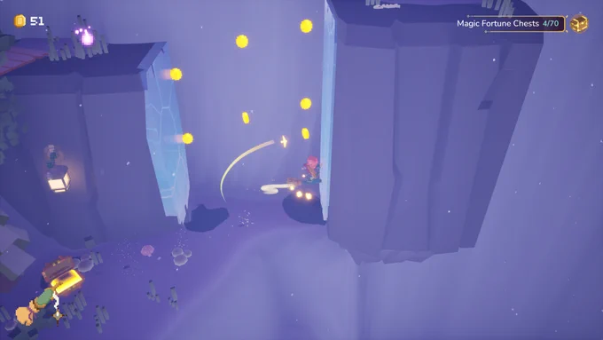 Ila uses her broom to wall jump and collect gold coins