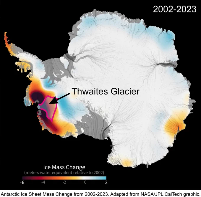 Map showing location of Thwaites Glacier overlaid on NASA visualisation showing where gravity satellite data indicate Antarctica lost most ice between 2002 and 2023