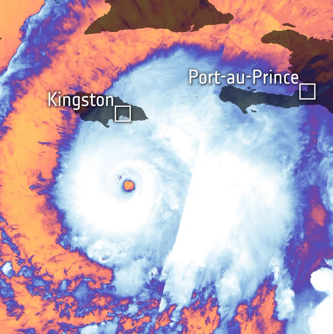 This image captured by the Copernicus Sentinel-3 mission on 26 October 2025 shows the ‘brightness temperature’ at the top of Hurricane Melissa as it moved through the Caribbean Sea towards Jamaica, where it was expected  to make landfall.