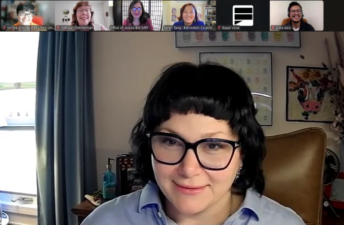  Samantha Yahalnitsky on a zoom call with video call participants showing Kimiko Shibata, Jessica Bell, Keren Tang, Alos Abis, and Kathleen Zimmerman