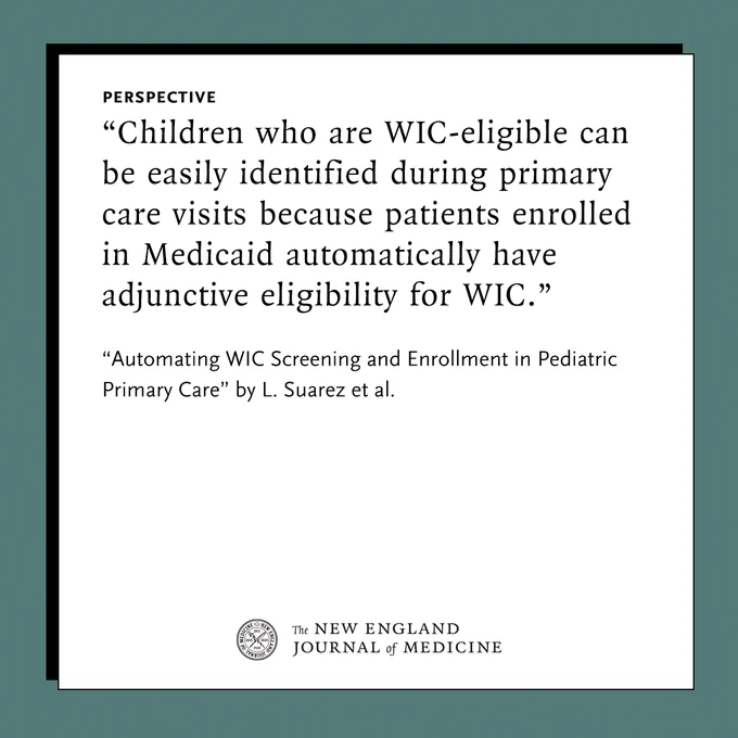 Perspective 
"Children who are WIC-eligible can be easily identified during primary care visits because patients enrolled in Medicaid automatically have adjunctive eligibility for WIC." 

"Automating WIC Screening and Enrollment in Pediatric Primary Care" by L. Suarez et al. 