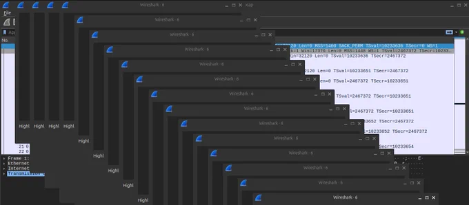Wireshark with a bunch of pop up windows that say "6"