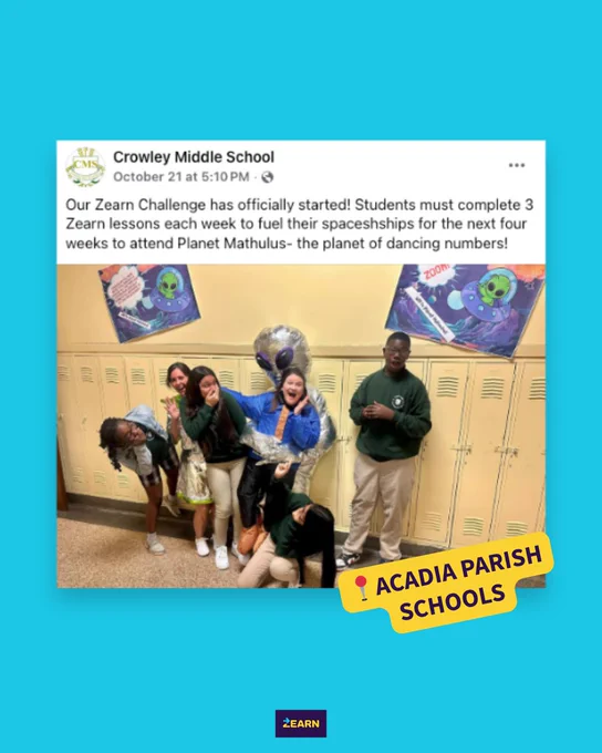 Five students celebrating the start of Zearn Challenge in a classroom, with a banner for Acadia Parish Schools in the background. They are smiling and posing excitedly next to aliens. 