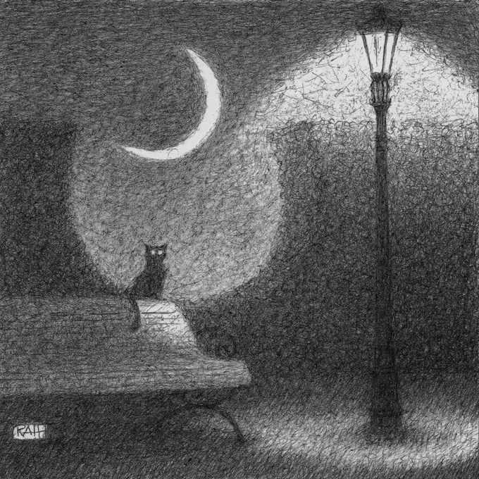 A mysterious night scene with a black cat, crescent moon, and glowing lamppost. The title is "Mise en Scène pour la Nuit". The stage has been set for the night's events. The characters involved have assembled. (Yes, I consider the crescent moon, park bench, trimmed hedge, and the lamppost all as players in my 'production'.) What might transpire tonight in this hidden, lonely corner of the old park? Are they waiting for another, as-yet-unseen participant to join them?