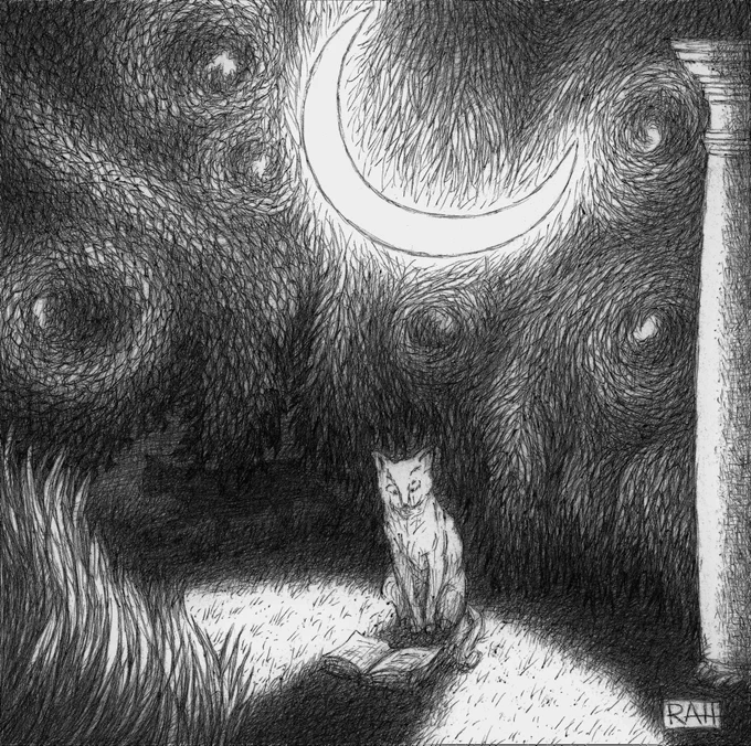In a clearing, a noble white cat sits mesmerized by the open volume at her feet. Is it a favorite book revisited, or something new? She reads by the generous light of the crescent moon, which has kindly lowered itself from the night sky to provide illumination. The scene is framed by swaying grasses in the foreground and a mysterious white column. 
Behind her is a curtain of flowing, swirling leaves, forming constellations of churning galaxies à la van Gogh. Below the leaves, in the background, a shadowy figure lurks.
Is all this actually happening, or is it the dreamlike imagining of the cat as she reads her book?