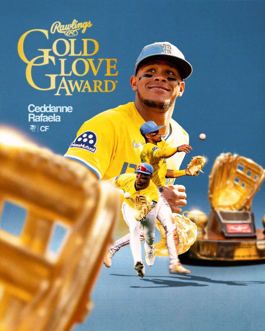 TEXT: Rawlings Gold Glove Award
Ceddanne Rafaela 
CF
        
IMAGE: Award graphic featuring three cutouts of Ceddanne Rafaela and two cutouts of the Rawlings Gold Glove Award trophy on a light blue background. Ceddanne’s wearing the yellow City Connect uniform and has on a shiny, gold-colored glove.