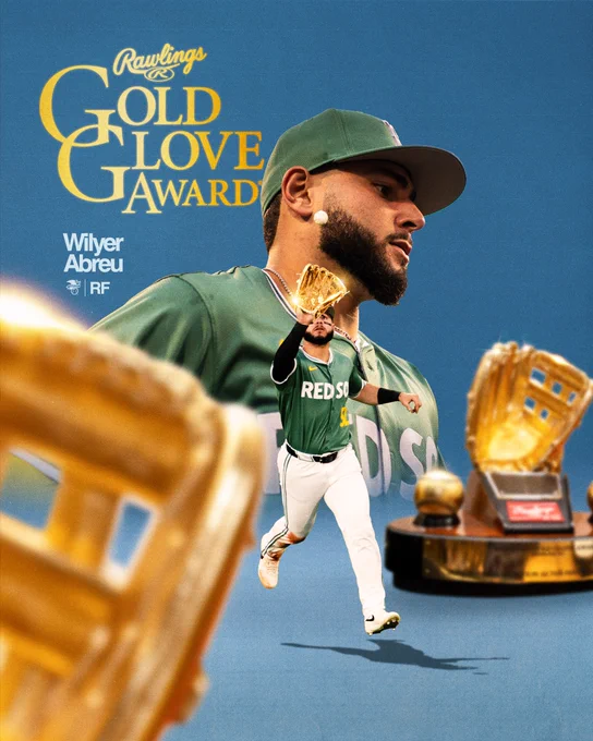 TEXT: Rawlings Gold Glove Award
Wilyer Abreu RF
        
IMAGE: Award graphic featuring two cutouts of Wilyer Abreu and two cutouts of the Rawlings Gold Glove Award trophy on a blue background. Wilyer is in the Fenway Green City Connect uniforms and is wearing a shiny, gold-colored glove.