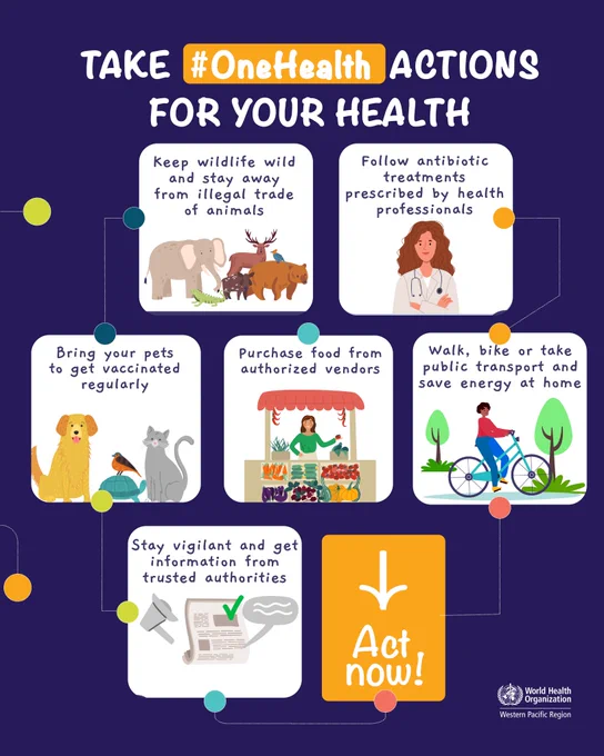 Illustrations of One Health actions people can take for their health, including walking biking taking public transport, bringing pets to get vaccinated regularly, purchasing food from authorized vendors, following antibiotic treatments prescribed by health professionals, keeping wildlife wild and staying away from illegal trade of animals, staying vigilant and getting information from trusted authorities