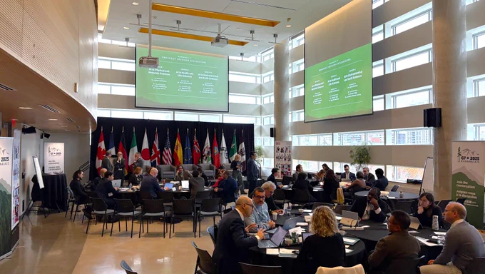 IMAGE: Photo prise pendant la conférence internationale R7 .  De nombreuses personnes rassemblées autour de plusieurs grandes tables rondes dans une salle très spacieuse, collaborent lors d'une session de travail et d'échange d'idées. 