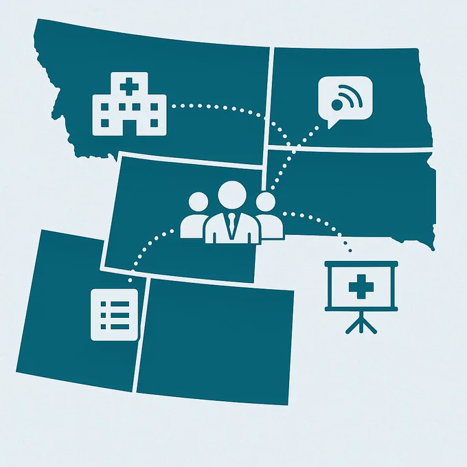 Map of Region 8 states illustrated in teal, with icons representing hospitals, communication, teamwork, reporting, and training connected by dotted lines to show regional collaboration in disaster health response.