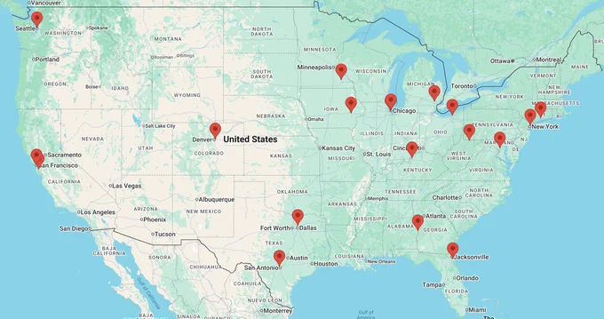 Map of the US with red checks for the site locations, listed at https://addresslongcovid.com/sites/