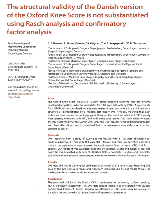 Research article discussing the structural validity of the Danish Oxford Knee Score using Rasch and factor analysis methods.