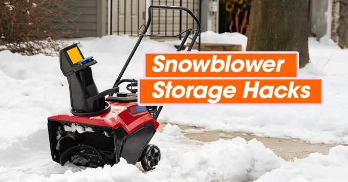 Red snowblower parked on a snow-covered driveway with a sign overlay reading 'Snowblower Storage Hacks'.