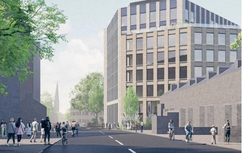 visualisation of building looking north west along Hills Road, showing overshadowing of two storey terrace.