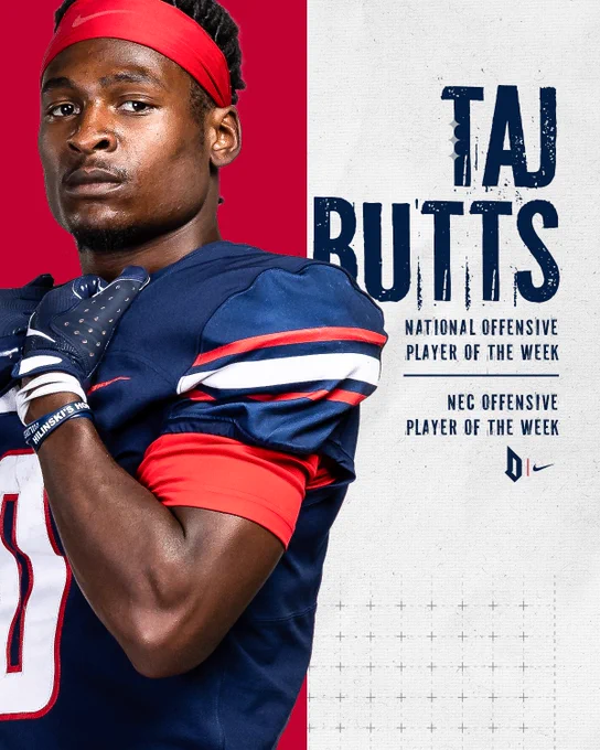 Taj Butts photo & graphic for National Offensive Player of the Week & NEC Offensive Player of the Week.