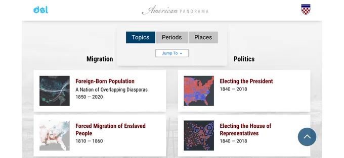 Image of the American Panorama homepage with map icons and titles, from the University of Richmond Digital Scholarship Lab.