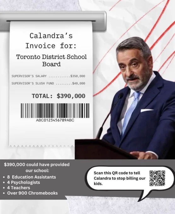 The salary and expenses of just one Ministry-appointed supervisor (aka Doug’s buddies) could pay the salary of:
-8 educational assistants
-4 psychologists
-4 teachers
-over 900 Chromebooks to replace broken and outdated tech 

Send a message here: https://www.fundourschools.ca/message-the-supervisor #OntEd