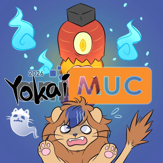 Vor einem blauen Hintergrund steht das aniMUC-Logo, der Anteil mit "ani" ist mit dem Wort "Yokai" überdeckt. 
Darunter hockt ein ängstlicher LeoMUC, darüber droht ein Yokai mit weit geöffnetem Maul und erschreckt LeoMUC fürchterlich.