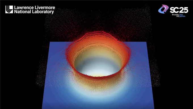 simulation of a red and blue splash ring on a black background with LLNL and SC25 logos