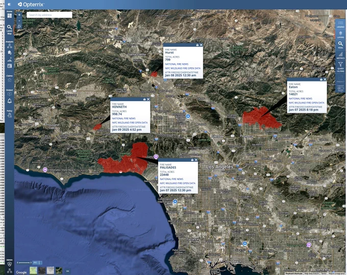Map of wildfire perimeters during 2025 in the Los Angeles area, including the Palisades and Eaton fires, visualized in the Opterrix risk intelligence platform.