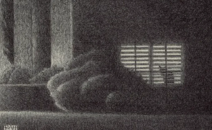 “3 AM”
giclée art print 

It’s 3 AM in suburbia and someone is still awake. A silhouetted cat sits on a windowsill behind open blinds peering out at a mysterious nighttime world. This is her favourite post in the house. From here she can look out over the expansive lawn and clipped hedges. Her humans have long since gone to bed. There is streetlight shinning on the house, hedges and lawn. She’s hoping to see something - anything - move about in the shadows. She listens intently for any rustle in the leaves, snap of a twig, or scampering over the grass. For now, all is silent except for the faint rush of a passing car. The night belongs to her. 

I've drawn this in ballpoint pen in a very fine, wispy cross-hatching style trying to achieve that vague, mysterious tonality seen at that hour. I take a lot of walks late at night, and this is a home l've passed several times, complete with the lit window. I always imagine a cat sitting there, and the beauty is that I can make it so.