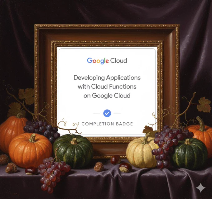 A Google Cloud completion badge for "Developing Applications with Cloud Functions on Google Cloud." The badge is set within an ornate, gold-painted frame, presented as a classical realism still life painting. The scene features a harvest arrangement of pumpkins, gourds, grapes, and chestnuts on a dark, draped cloth.