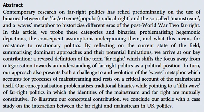JREP abstract discussing contemporary research on the far-right and mainstream politics, focusing on methodological frameworks and historical contextualization, with a case study on UK politics.