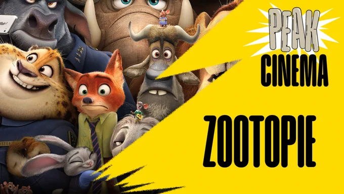 « Montage promotionnel pour le podcast Peak Cinéma consacré à Zootopie. À gauche, plusieurs personnages du film, dont Judy Hopps heureuse, Nick Wilde surpris, et des membres de la police de Zootopie. À droite, un fond jaune vif avec le logo Peak Cinéma en haut et le titre “Zootopie” en bas, séparés par un effet graphique en forme d’éclair. »