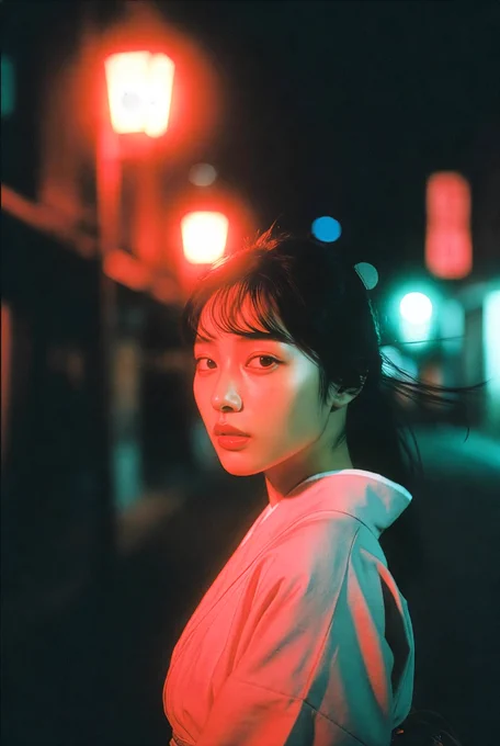Ultra-cinematic night street portrait of a young Japanese woman in traditional soft-pink kimono, standing centered under glowing red-orange tungsten street lamps on a quiet Japanese town road. Sharp J-pop idol facial features (delicate oval face, high cheekbones, large almond eyes, subtle makeup, tiny cheeky smile), long dark hair gently lifted by slight wind. Hyper-realistic skin texture with natural pores and subtle sheen. Shot on CineStill 800T film: strong localized red-orange halation glow only around lantern edges and highlights, tungsten streetlight bleed confined to bright sources, fine film grain, shallow depth of field (f/1.8), moody cyan-blue color grade with warm contrast, cinematic realism, 85mm lens, --ar 2:3 --style raw --v 6 --no global halation, white glow, over-saturation, digital bloom, cartoon, anime, pale skin, round face, low detail, facing left, mirror flip