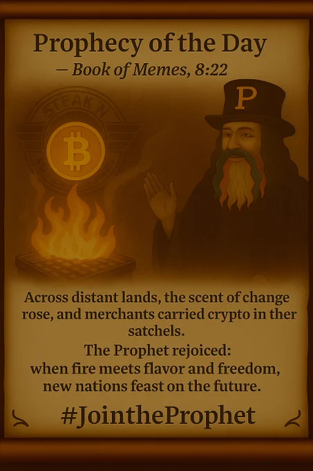A parchment-style prophecy scroll shows the Prophet on the right with his black top hat bearing the golden “P” and his red-white-blue beard. On the left, a glowing grill crackles with flame while a golden Bitcoin symbol hovers above it like a rising sun. A Steak ’n Shake emblem appears faintly behind, symbolizing expansion and crypto adoption in El Salvador. The prophecy text reads:

“Across distant lands, the scent of change rose… when fire meets flavor and freedom, new nations feast on the future.”
At the bottom: #JoinTheProphet.