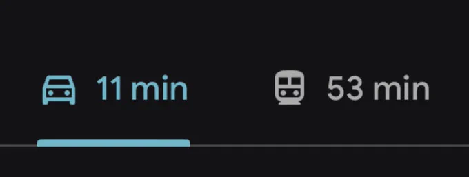 maps screenshot showing a drive taking 11 minutes and the equivalent transit trip taking almost an hour