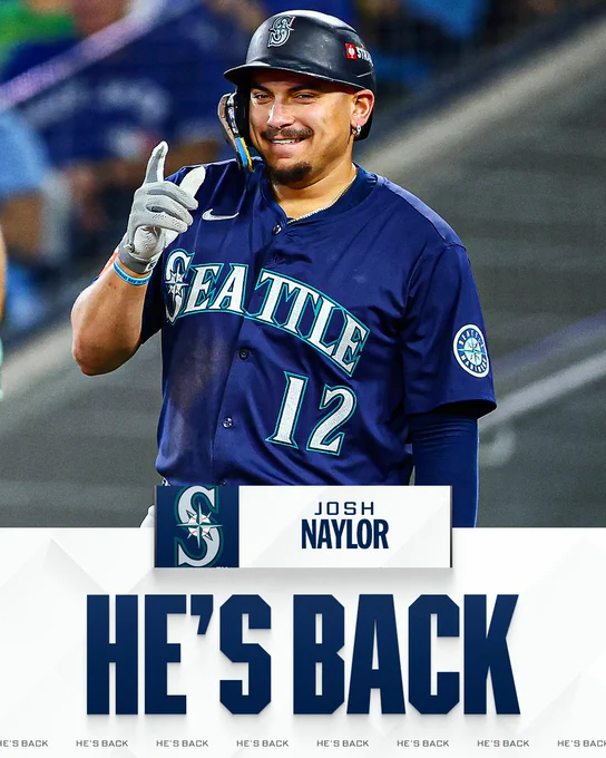 HE'S BACK: Josh Naylor, Mariners
Pictured: Josh Naylor points in a navy blue Mariners uniform with teal and silver lettering.