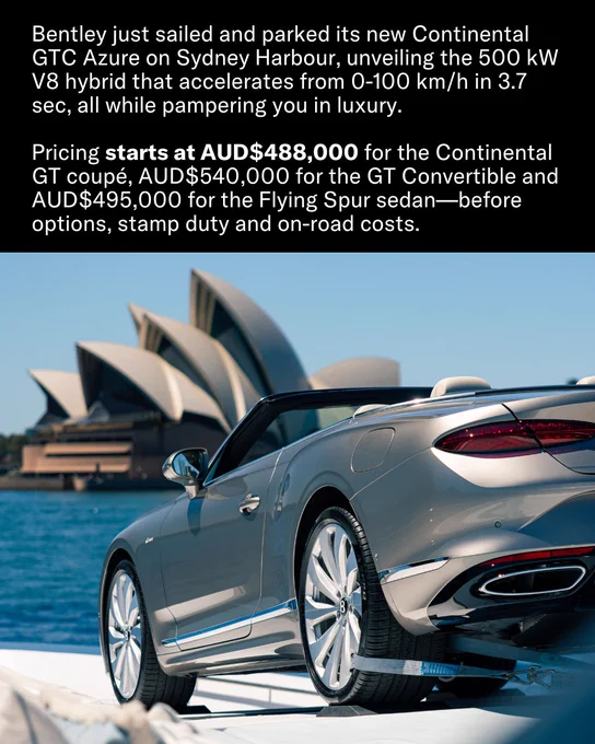 Bentley Continental GTC Azure parked at Sydney Harbour with the Opera House in the background. Pricing starts at AUD$488,000.