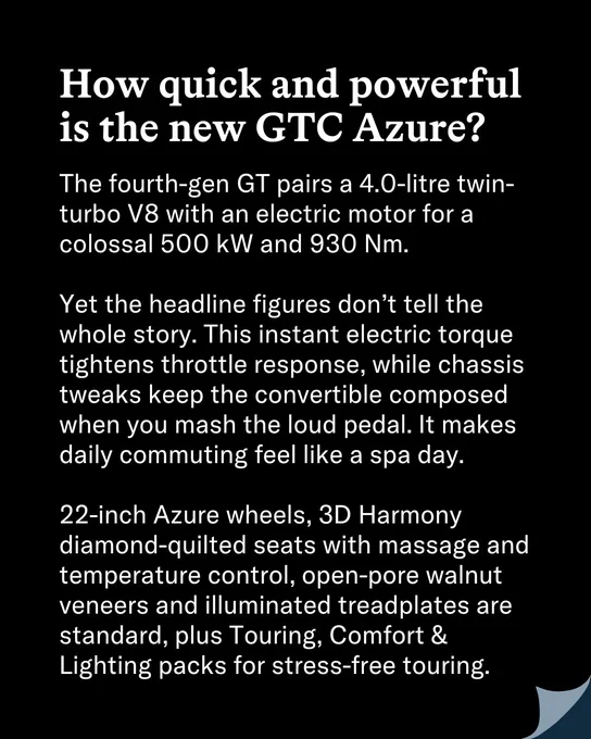 Text describing the new GTC Azure with a 4.0-liter twin-turbo V8 engine, highlighting instant electric torque and luxurious features.