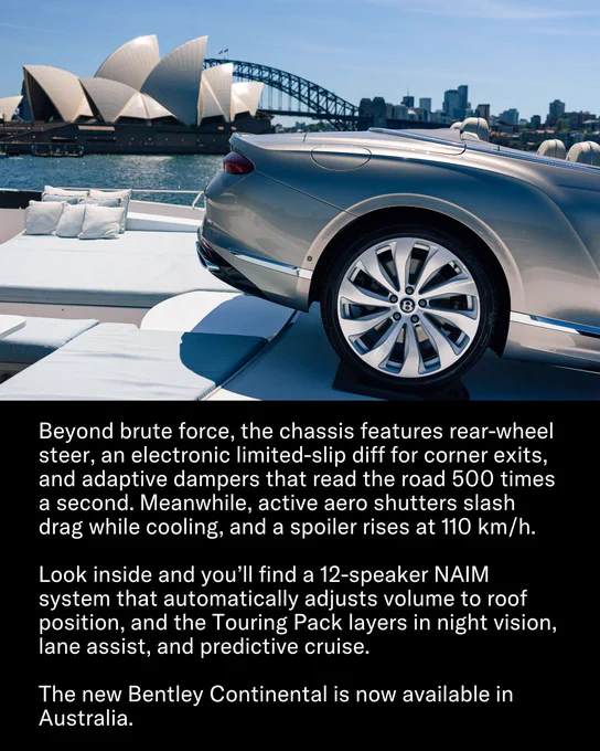 A luxury car with a sleek design parked in front of the Sydney Opera House. Text highlights the Bentley Continental's advanced features and its availability in Australia.