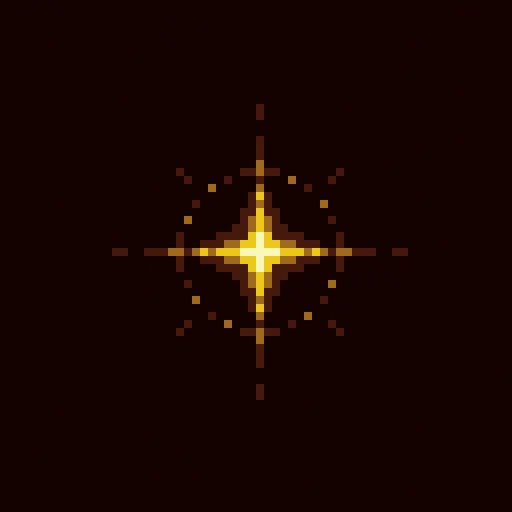 simple pixel art in gold colors of a single star flaring light out in a cross and a circle