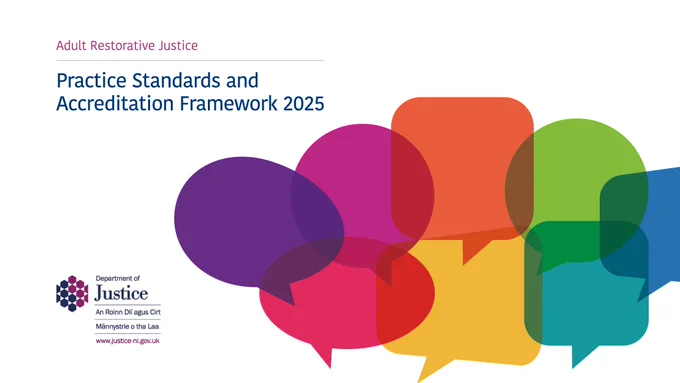 Adult Restorative Justice  Practice Standards and Accreditation Framework 2025.  Decorative image and DoJ logo included.