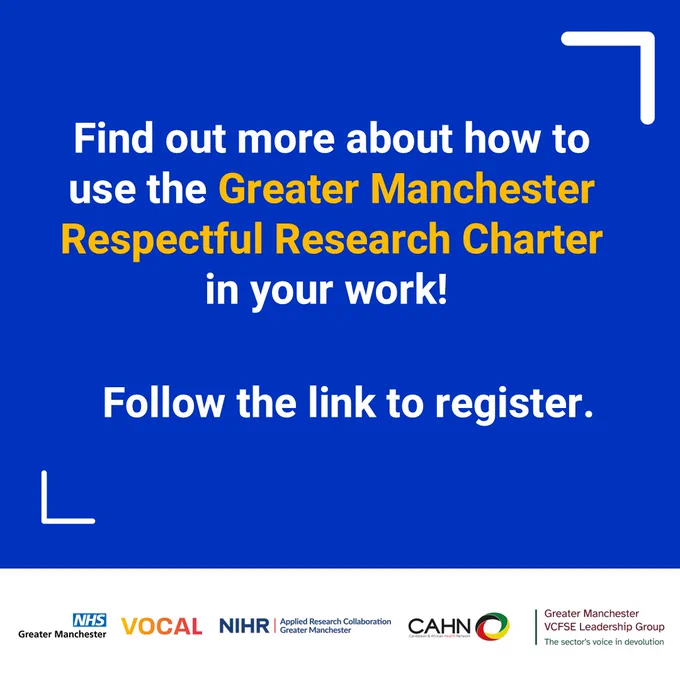 Graphic promoting the Greater Manchester Respectful Research Charter, inviting users to register and learn more about its use in research.