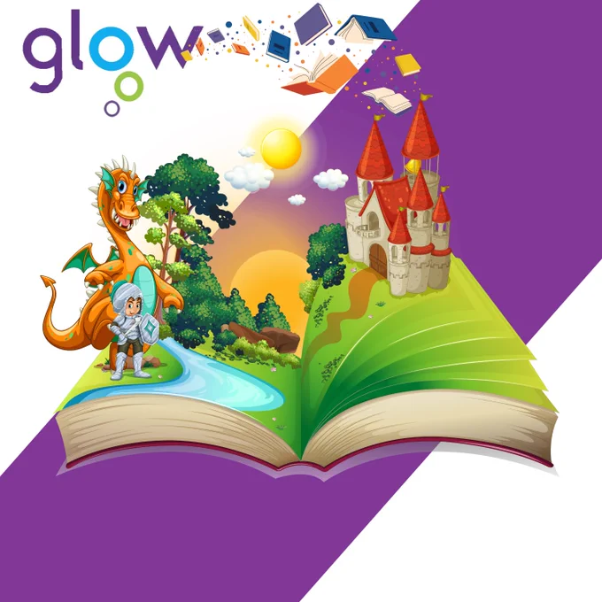 The image shows an open book with cartoons including a castle and a dragon.