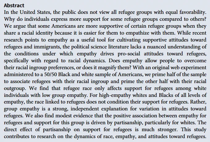 JREP abstract of a scholarly article discussing public support for various refugee groups in the United States, focusing on the dynamics of race, empathy, and attitudes toward refugees.
