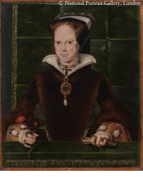 Portrait of Queen Mary I featuring a dark gown with a high white collar and intricate patterned sleeves. She holds a red rose in one hand and has a detailed necklace with a pendant. Her hair is styled with a headdress, and she stands before a green fabric backdrop.