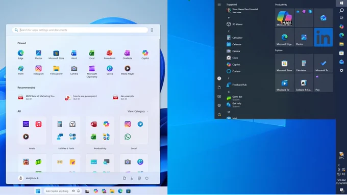 Windows 11 taskbar location versus Windows 10 taskbar location.