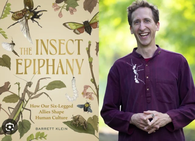 A picture of Dr. Barrett Klein on the right next to a graphic on the left, featuring the title of the presentation he is giving. The graphic also includes several six-legged insects as well.
