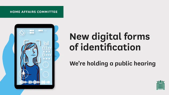 Illustration of woman on a phone getting face ID'd. Text reads: New digital forms of identification. We're holding a public hearing. Home Affairs Committee