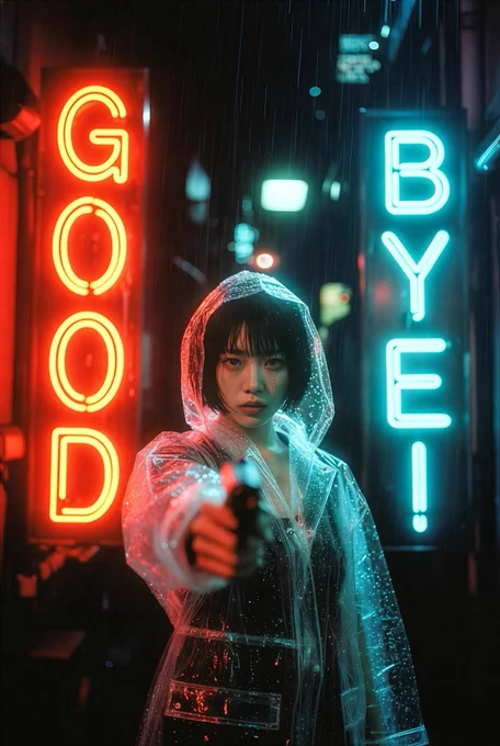 Ultra-cinematic wide night alley portrait in heavy Tokyo rain. Young Japanese woman in clear transparent raincoat (plastic dripping water, reflecting neon), standing further back in the alley, full figure visible from top of head to mid-thigh, centered in frame. Face showing disdain, short black hair plastered wet to forehead, subtle makeup smudged by rain. Right hand gripping silenced chrome pistol pointed forward, finger tightening on trigger (5 fingers perfect grip, no mutations). Two vertical neon signs: left side vertical sign reads 'GOOD' in glowing red-orange, right side vertical sign reads 'BYE!' in glowing cyan-blue, same distance from frame edges, clean readable English letters, no jumble. Shot on CineStill 800T pushed 1 stop: strong localized red-orange halation glow only around neon edges and highlights, tungsten streetlight bleed confined to bright sources, fine film grain, shallow depth of field (f/1.8), cinematic realism, 85mm lens, --ar 9:16 --style raw --v 6