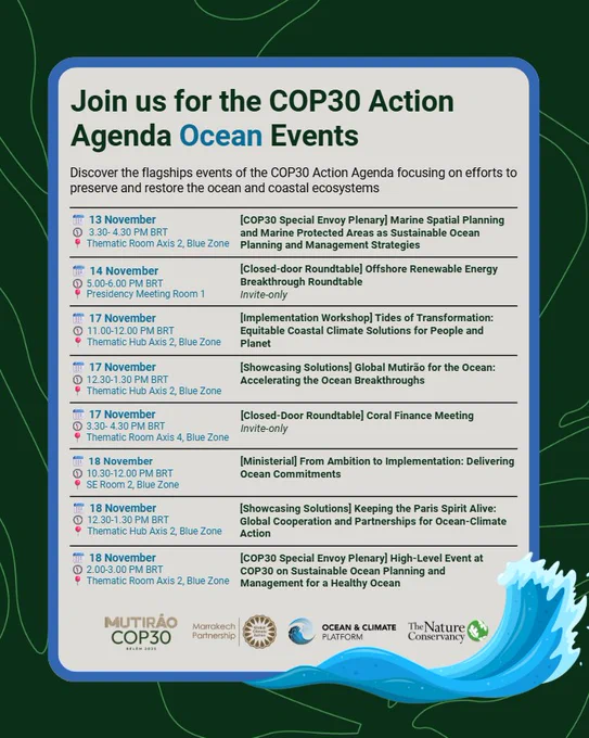 Promotional poster for the COP30 Actionable Agenda event by The Nature Conservancy, featuring a schedule of discussions on marine and coastal topics set for November 13-20, held in multiple zones with various themes such as protection, pollution, resilience, funding, and partnerships.