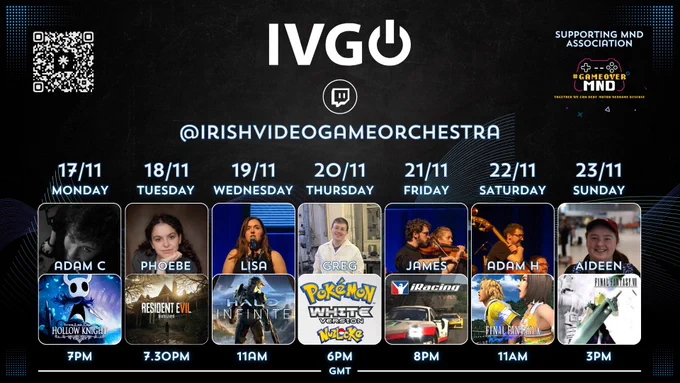 Irish Video Game Orchestra event schedule poster for November 17-23, supporting MND Association. Features daily people, games, and stream times.